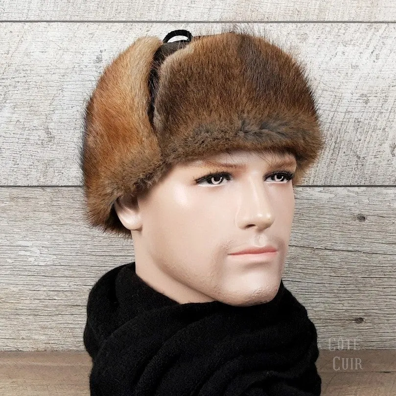 Chapeau aviateur fourrure, rat musqué naturel, cuir noir - Modèle Charles