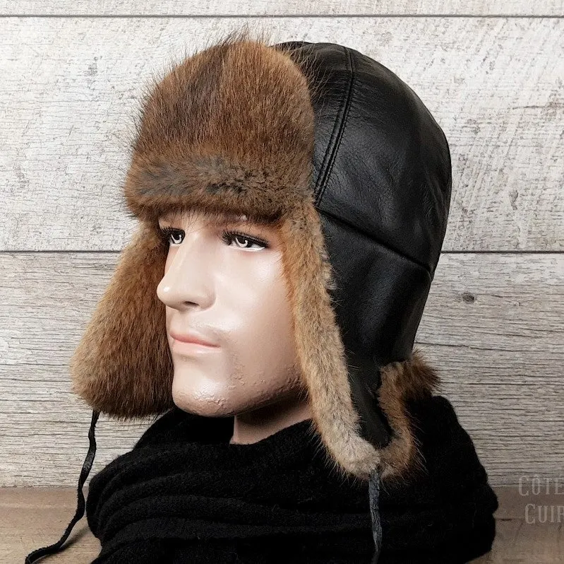 Chapeau aviateur fourrure, rat musqué naturel, cuir noir - Modèle Charles