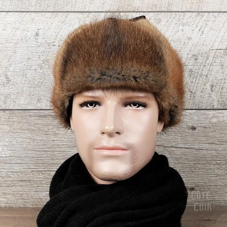 Chapeau aviateur fourrure, rat musqué naturel, cuir noir - Modèle Charles