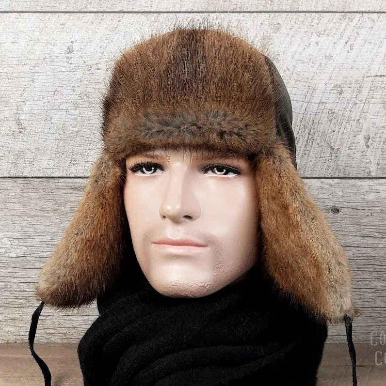 Chapeau aviateur fourrure, rat musqué naturel, cuir noir - Modèle Charles