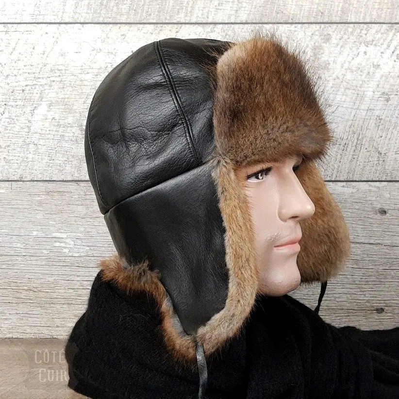 Chapeau aviateur fourrure, rat musqué naturel, cuir noir - Modèle Charles