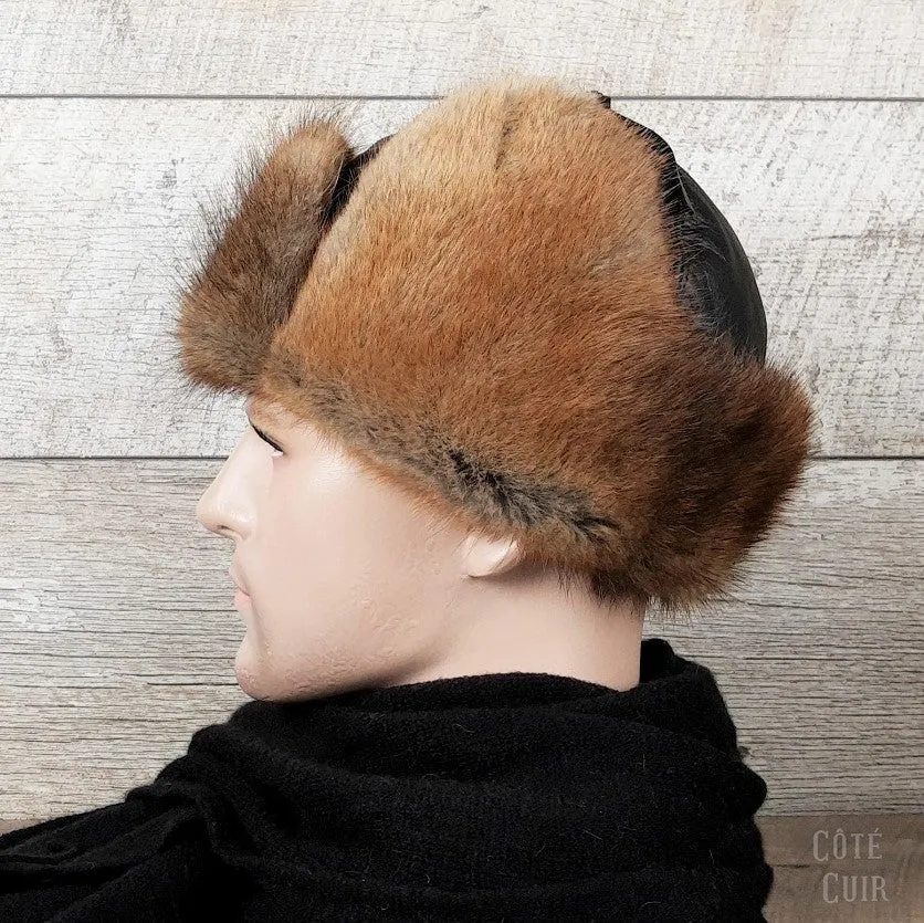 Chapeau aviateur fourrure, rat musqué naturel, cuir noir - Modèle Charles