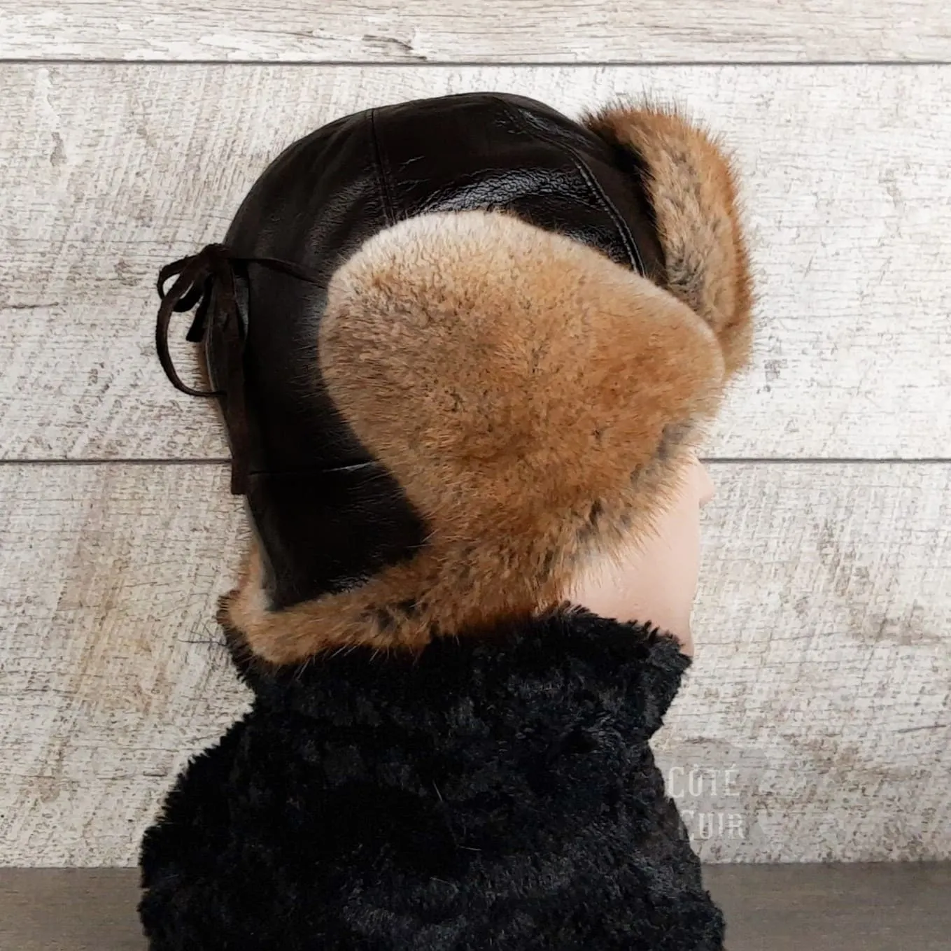 Chapeau aviateur fourrure, rat musqué naturel, cuir noir - Modèle Charles