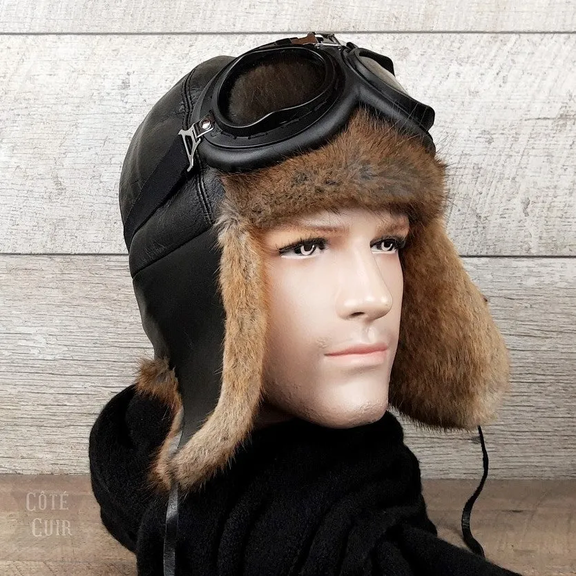 Chapeau aviateur fourrure, rat musqué naturel, cuir noir - Modèle Charles