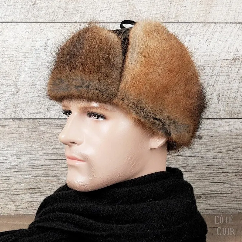 Chapeau aviateur fourrure, rat musqué naturel, cuir noir - Modèle Charles